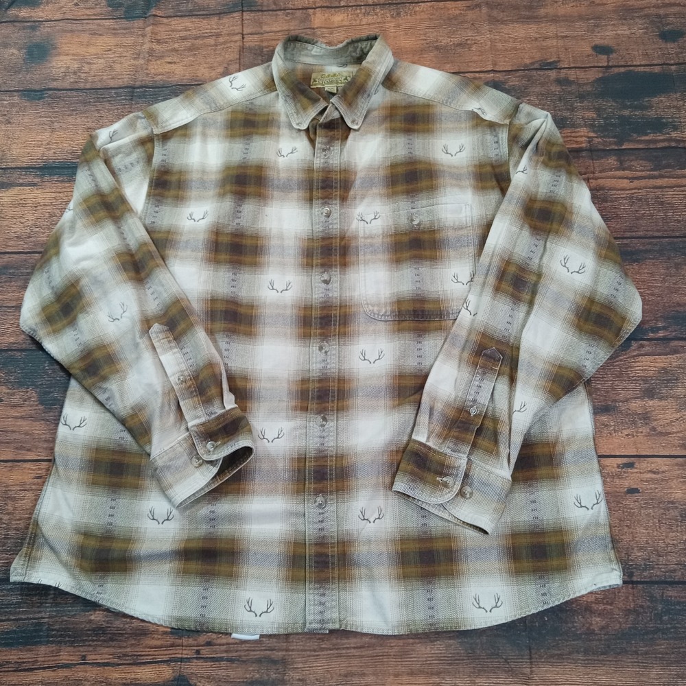 Cabelas Deerskin Soft Chamois Flannel‎ Shirt Men's XL Tan Brown Plaid
